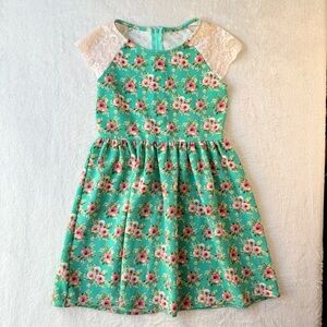 Honey & Rosie Floral Green Kids Dress with Lace Sleeves